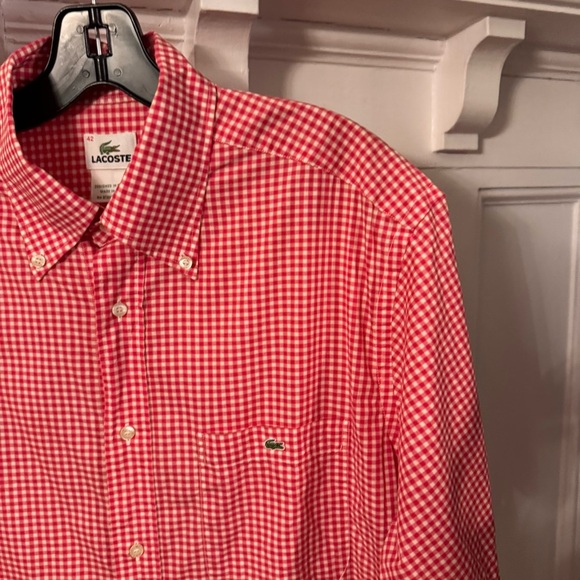 Lacoste Men’s  Button Down Shirt Red/white Check Short Sleeves Logo Sz 42 Large - Picture 3 of 11